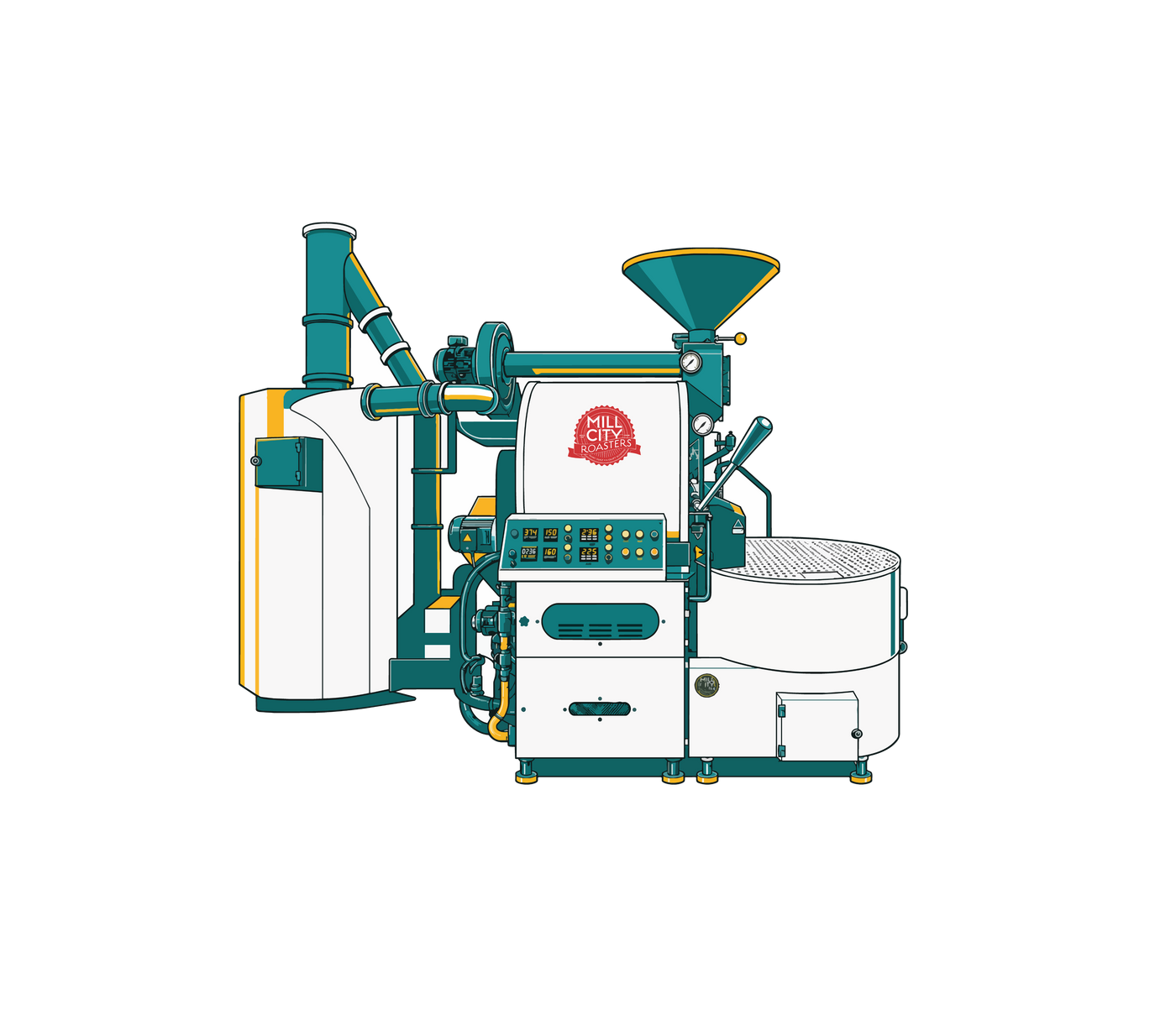 Coffee roasting machine with 'Mill City Roasters' logo on a white background