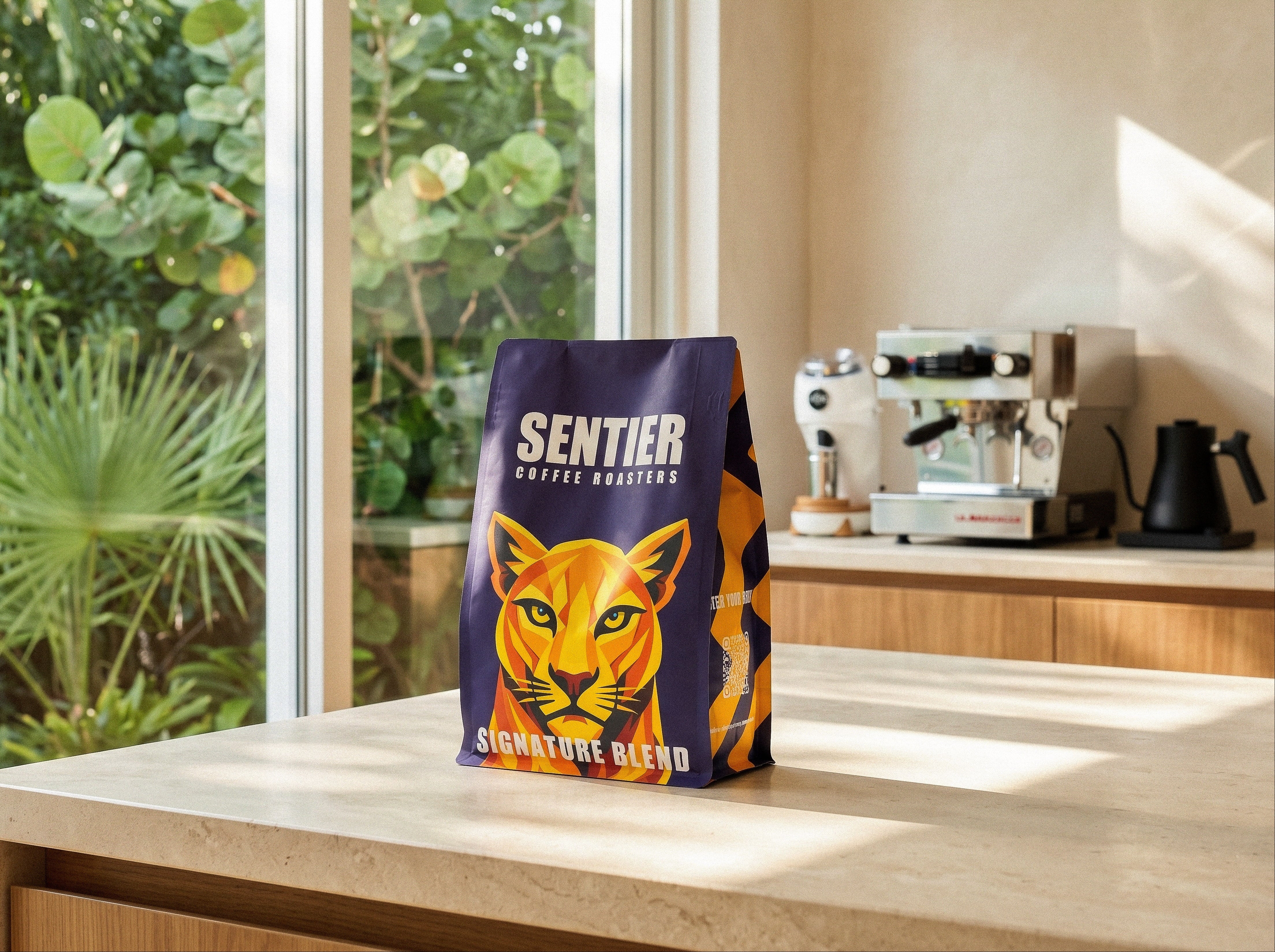Sentier coffee bag on a kitchen islamd surface with a kitchen background
