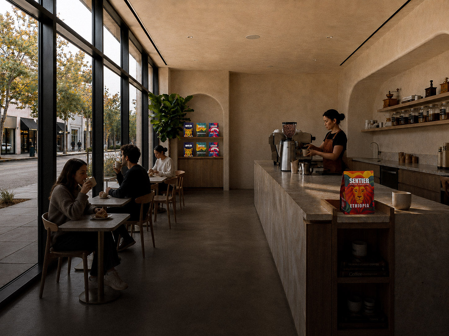 Modern cafe interior with customers at tables and a barista behind the counter.