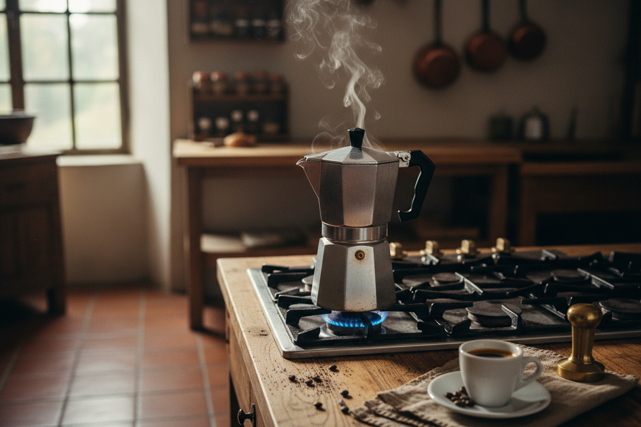 Stovetop espresso maker with steam rising, next to a cup of coffee on a wooden table.